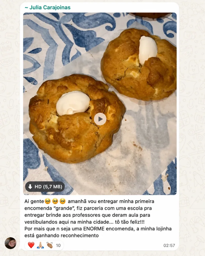 Mensagem da Julia: vou entregar minha primeira encomenda grande, uma parceria com uma escola